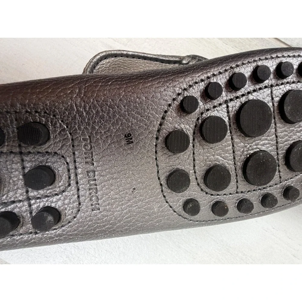 Tory Burch Metallic Pewter Leather Logo Driving Loafers Shoes Womens 9M Gunmetal